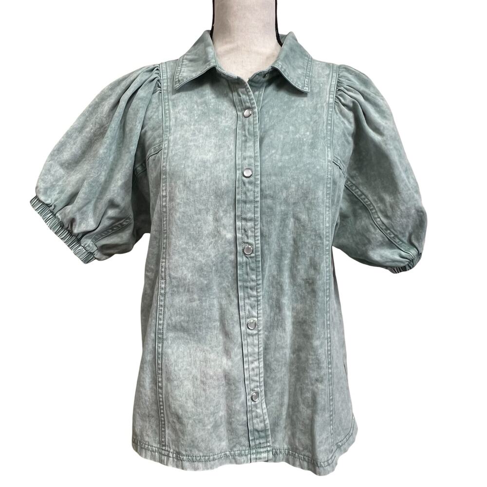 Entro Puff Sleeve Mineral Wash Denim Blouse Women M Green Snap Front Cotton Top